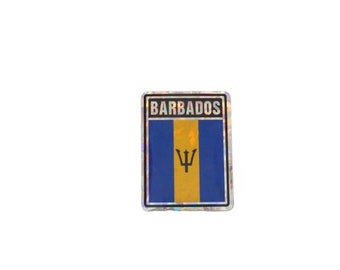 May include: A holographic sticker with the word "BARBADOS" and the flag of Barbados, which is a blue field with a yellow diagonal band and a black trident.