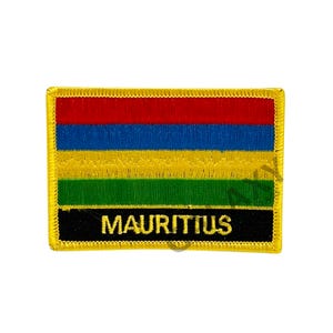 May include: A yellow embroidered patch with the flag of Mauritius and the word "MAURITIUS" in gold lettering.
