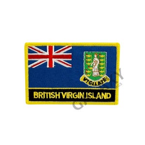 May include: A yellow embroidered patch with the British Virgin Islands flag. The flag features a blue background with a white Union Jack in the upper left corner and the coat of arms of the British Virgin Islands in the right side. The text "BRITISH VIRGIN ISLAND" is embroidered in black on a black background at the bottom of the patch.