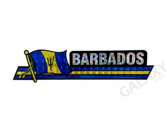 May include: A blue and yellow flag with a trident design, with the word "BARBADOS" in white letters on a black background. The flag is on a blue and yellow striped background.