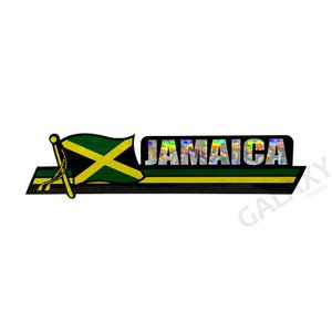 Może przedstawiać: Czarno-żółta naklejka z zielono-żółto-czarną flagą Jamajki i napisem "JAMAICA" w holograficznej czcionce.