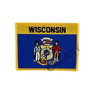 May include: Embroidered patch featuring the Wisconsin state flag. The patch is blue with a yellow border and the state seal in the center. The seal depicts a shield with a badger, a farmer, and a miner.