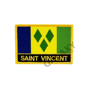 May include: A yellow, green, and blue embroidered patch with the words "SAINT VINCENT" in black lettering. The patch features the flag of Saint Vincent and the Grenadines.