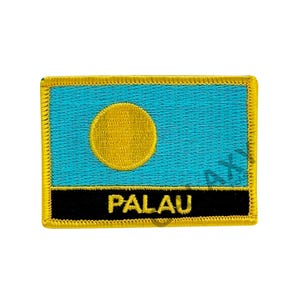 May include: A yellow and blue embroidered patch with the word "PALAU" in black letters. The patch features a yellow circle on a light blue background.