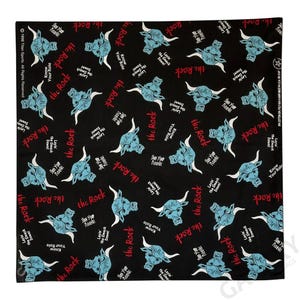 May include: Black bandana with a repeating pattern of a blue bull's head with the text "The Rock" and "Know Your Role" in red. The bull's head is surrounded by white horns and the text "Layin' the Smack Down!" in red.