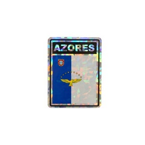 May include: A holographic sticker with the word "AZORES" in black text and a blue and white flag with a yellow bird and stars.