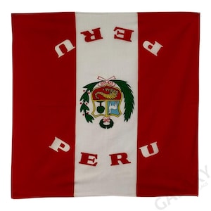 May include: A red, white, and red rectangular flag with the word "PERU" written in white letters on the red sections and a coat of arms in the center of the white section.