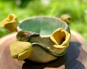 Hand sculpted ceramic yellow tulip bowl. Altar bowl.
