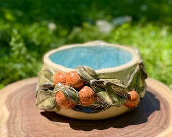 Hand-sculpted Ceramic Citrus Fruit Altar Bowl – Orange & Leaf Design