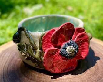 Hand-sculpted Red Poppy Ceramic Altar Bowl – Sage Green Interior, Stoneware Glaze
