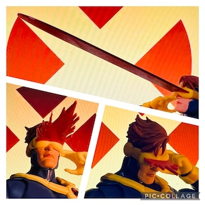 May include: A collage of three images featuring action figures with red and yellow accents. The figures are wearing masks and have red hair. The background is a yellow and red pattern.