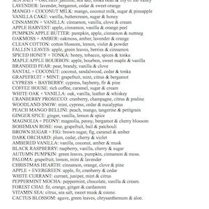 May include: A list of scent descriptions for Wick & Bar products. The descriptions include ingredients such as sea salt, lavender, mango, vanilla, apple, pumpkin, oakmoss, cotton blossom, and more. The list is in a sans-serif font on a white background.