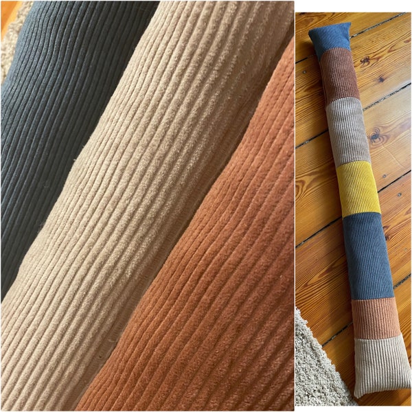 Corduroy draft excluders in various sizes and colors, wind and cold protection, cozy and energy-saving