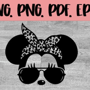 May include: Black silhouette of a mouse with large ears, wearing sunglasses and a leopard print bandana. The image includes the text "SVG. PNG. PDF. EPS." in a bold, black font, set against a light pink background.