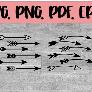 May include: Black arrow designs in various styles, including straight and curved, with feather and arrowhead details. The image includes the text "SVG. PNG. PDF. EPS." in a bold, black font, set against a light pink background.