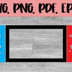 May include: A black and white outline of a Nintendo Switch console with blue and red controllers. The console is on a woodgrain background.