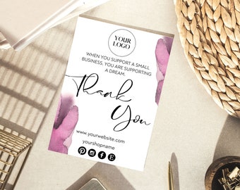 EDITABLE Thank You Small Business DIY Template, Digital Download Purple Watercolor Thank You Card, Editable Download Small Business Card