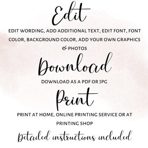 K&ouml;nnte beinhalten: Ein digitaler Download-Leitfaden mit Anweisungen zum Bearbeiten, Herunterladen und Drucken eines druckbaren Designs. Der Text lautet "Bearbeiten, Herunterladen, Drucken, Detaillierte Anweisungen enthalten".
