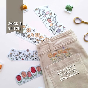 STICK and STITCH embroidery designs | Funny Spring | 4 embroidery transfers | Hand embroidery transfers | Peel Stick Stitch Dissolve | Diy