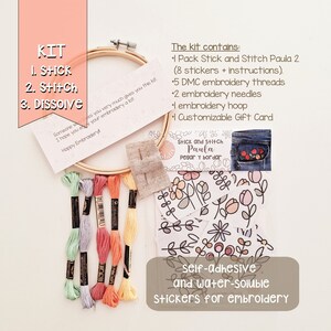 KIT DE BRODERIE. Paula 2. Kit cadeau pour débutants. Comprend 8 autocollants à broder, instructions, cerceau, aiguilles, fils et carte.