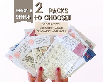 2 STICK AND STITCH. Kies je 2 favoriete pakjes stickers om te borduren. Plakken, borduren en oplossen. Eenvoudig handborduurwerk. beginners