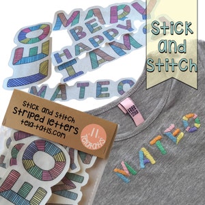 STICK AND STITCH. Capital letters, numbers and signs. Choose size and number of characters. Easy to embroider. Stick, embroider, wet.