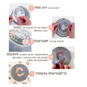 Instructions for use of Stick and Stitch embroidery transfers. They are peeled off, stuck to the garment, embroidered on and removed with water. To remove them you have to put them in warm water and rub gently until the paper dissolves.