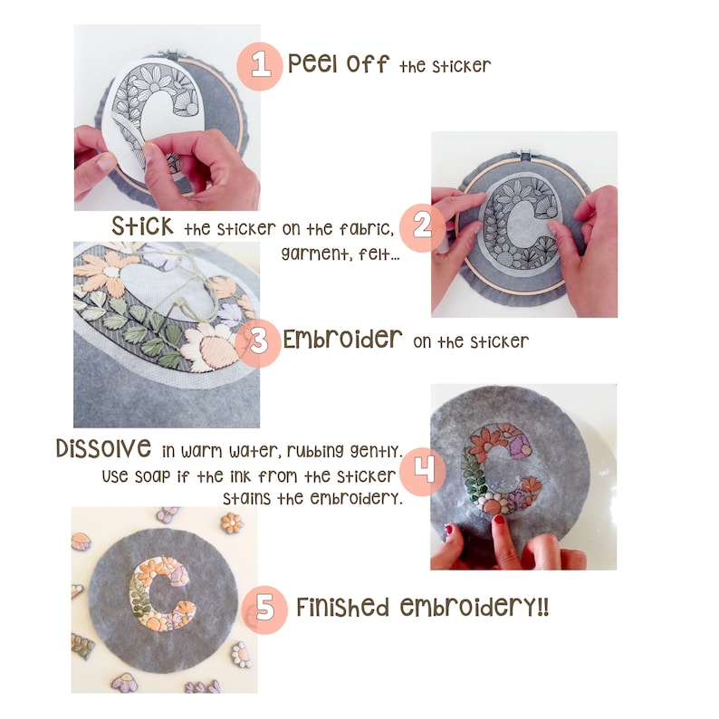 Instructions for use of Stick and Stitch embroidery transfers. They are peeled off, stuck to the garment, embroidered on and removed with water. To remove them you have to put them in warm water and rub gently until the paper dissolves.