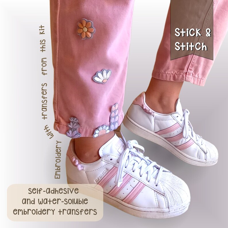 One leg of my pink overalls embroidered with flowers