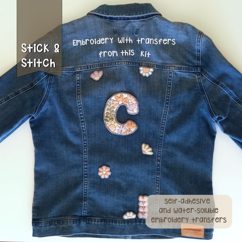 Me posing with my denim jacket. On the back of the jacket I have sewn embroidered felt patches. One of the patches is a capital letter decorated with flowers and the rest are flowers and leaves. Peel, stick, embroider and dissolve. Very easy.