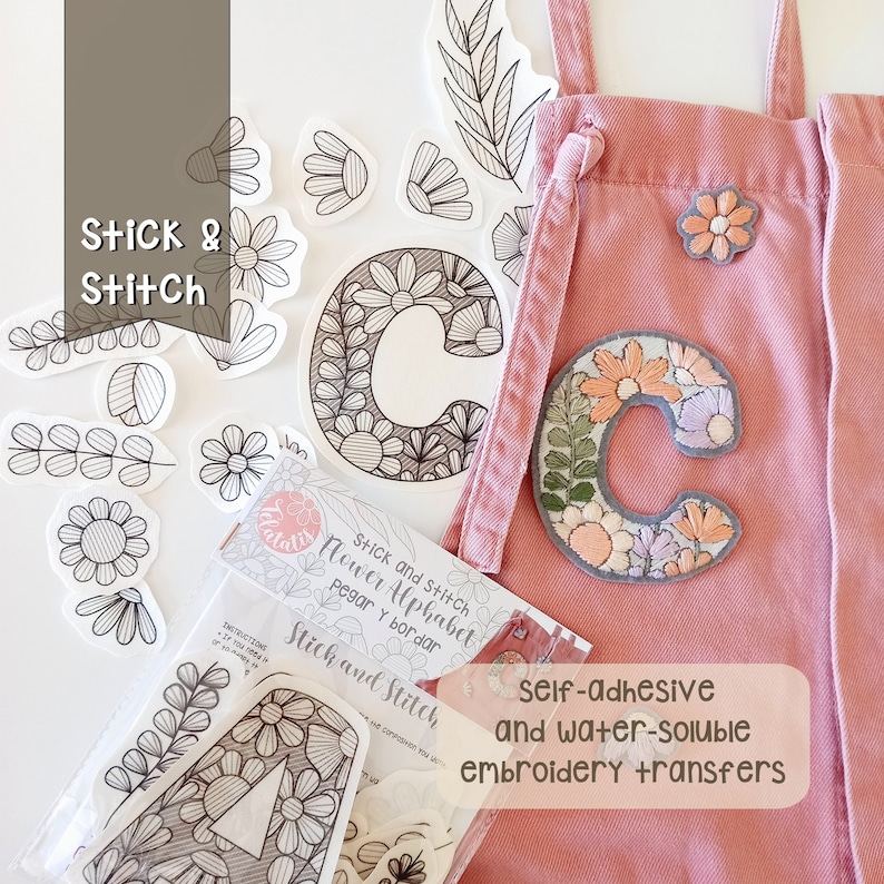 Floral Alphabet Stick and Stitch embroidery design. Contains a capital letter with floral decoration and 15 matching flowers and leaves. You can choose the letter you want. Peel, stick, embroider and dissolve. Very easy to use