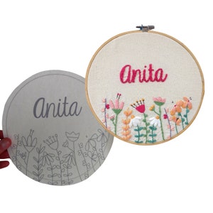 STICK AND STITCH. customizable. Anita. Embroidery sticker. flowers and text. Stick, embroider and dissolve. Adhesive. Patch. soluble. Easy