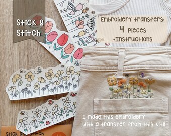 STICK AND STITCH. 4 large embroidery stickers. Funny Spring. Flowers. Stick, embroider and dissolve. Hand embroider. soluble. Easy!!