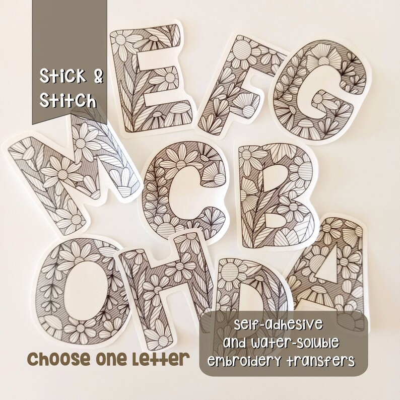 Lots of stickers with letters to embroider. The letters are decorated with flowers and leaves. The lines indicate the direction of the stitches. It is ideal to start embroidering. Peel, stick, embroider and dissolve. Very easy