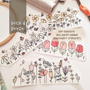 STICK and STITCH embroidery designs | Funny Spring | Set of 4 embroidery transfers | Hand embroidery patterns | Peel Stick Stitch and Rinse