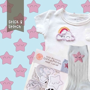 STICK AND STITCH. 12 adesivi ricamati. Stelle, fiori, nuvole con arcobaleni, coccinelle, api e farfalle. Incolla e ricama.