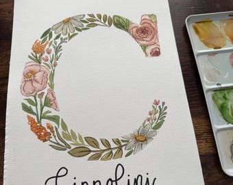 Custom Watercolor Floral Initial Painting