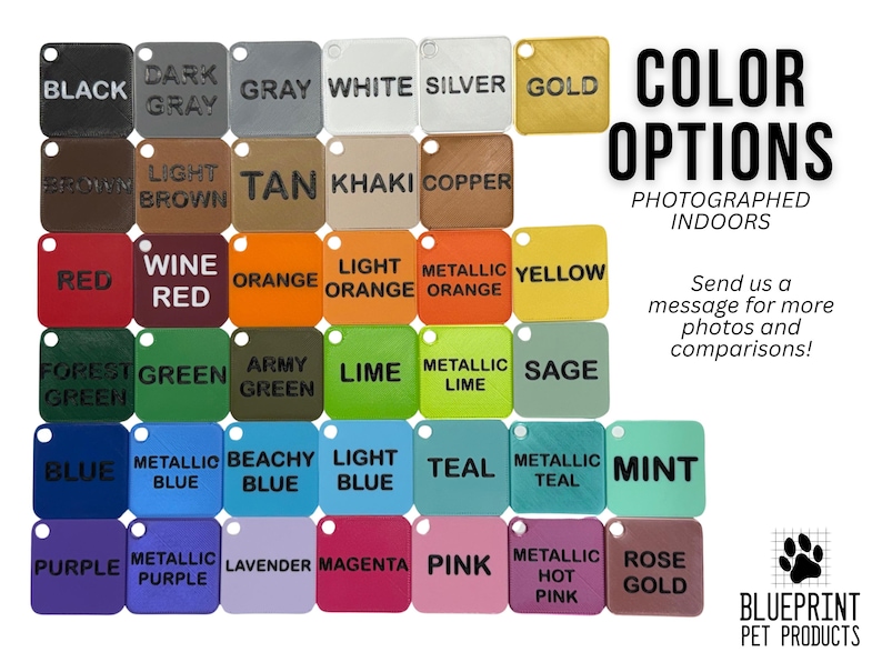 Peut inclure: Une grille d'&eacute;tiquettes carr&eacute;es de diff&eacute;rentes couleurs, notamment noir, gris, blanc, argent, or, marron, beige, cuivre, rouge, orange, jaune, vert, bleu, sarcelle, violet, rose et or rose. Chaque &eacute;tiquette porte son nom en noir.