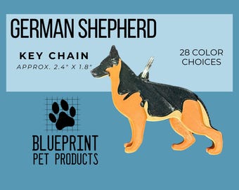 May include: A German Shepherd key chain, approximately 2.4" x 1.8", in black and tan. The key chain has a silver ring and the text "GERMAN SHEPHERD KEY CHAIN" is displayed above the dog. The text "28 COLOR CHOICES" is also displayed.