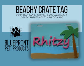 Beachy-themakratlabel, naam, geregistreerde naam, roepnaam, kennelinfo, hondenkennellabel, naambordje, eilandthema, zon en zand