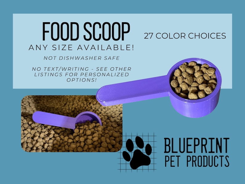 Peut inclure: Une pelle &agrave; nourriture violette en plastique remplie de croquettes brunes pour animaux. L'image contient le texte : FOOD SCOOP, 27 COLOR CHOICES, ANY SIZE AVAILABLE!, NOT DISHWASHER SAFE, NO TEXT/WRITING - SEE OTHER LISTINGS FOR PERSONALIZED OPTIONS!, BLUEPRINT PET PRODUCTS.