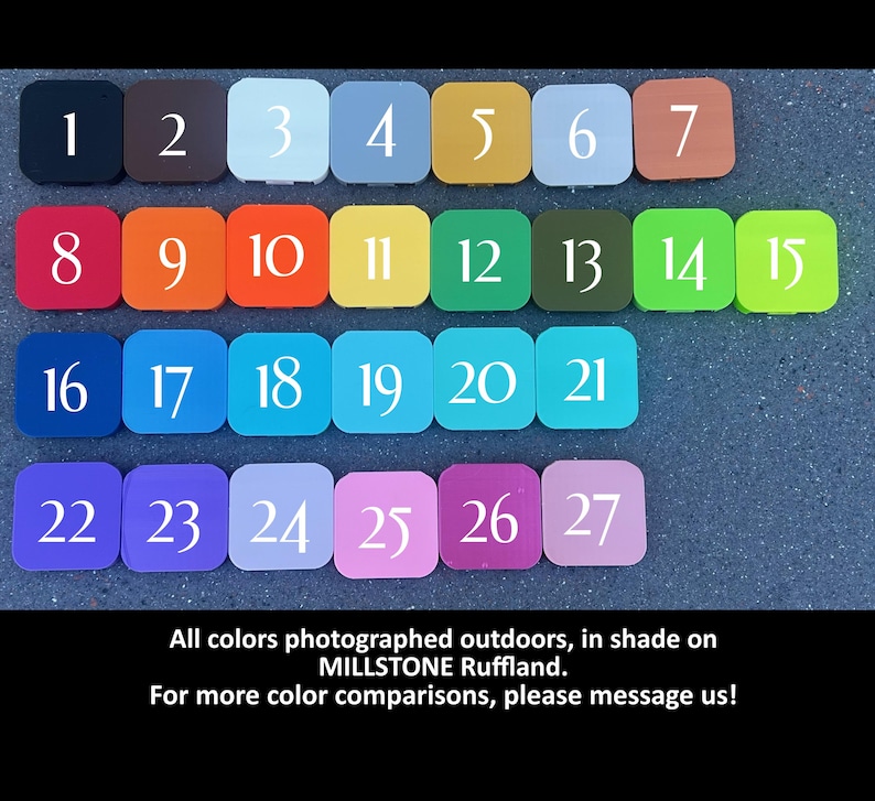 May include: A color chart with 27 numbered squares showing different shades of paint. The colors range from black to green, blue, pink, and white. All colors photographed outdoors, in shade on MILLSTONE Ruffland. For more color comparisons, please message us!