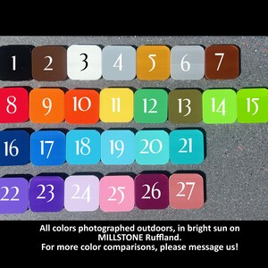 May include: A color chart with 27 squares, each numbered and painted a different color. The colors range from black to white, with shades of red, orange, yellow, green, blue, purple, and pink. The chart is labeled "All colors photographed outdoors, in bright sun on MILLSTONE Ruffland. For more color comparisons, please message us!"