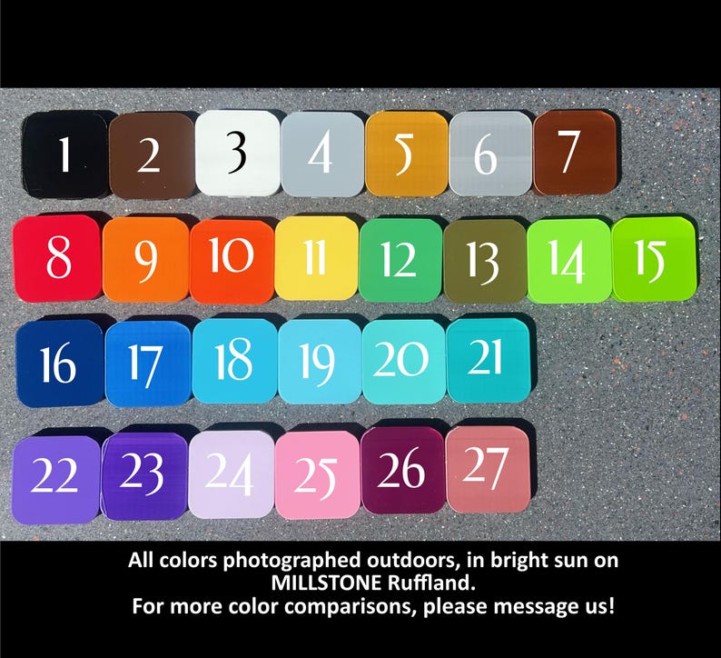 May include: A color chart with 27 squares, each numbered and painted a different color. The colors range from black to white, with shades of red, orange, yellow, green, blue, purple, and pink. The chart is labeled "All colors photographed outdoors, in bright sun on MILLSTONE Ruffland. For more color comparisons, please message us!"