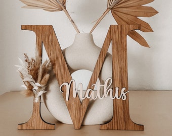 Türschild Kinderzimmer Holz | Namensschild Eichenholz Babyzimmer mit Trockenblumen | Personalisierbarer Buchstabe | Geschenk zur Geburt