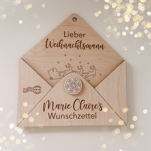 Wunschzettel Weihnachtsmann Christkind aus Holz | Brief an den Weihnachtsmann | Briefumschlag Wunschzettel personalisiert