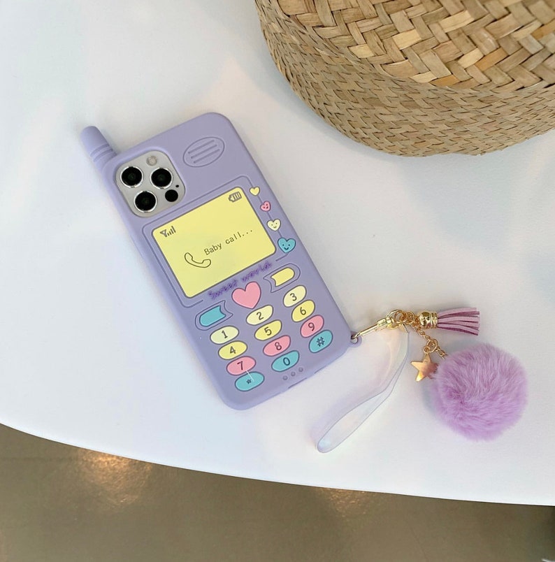 iPhone Case Retro Lavender Baby Call Phone Case Soft Silicon Non Slip Case With Cute Pompom