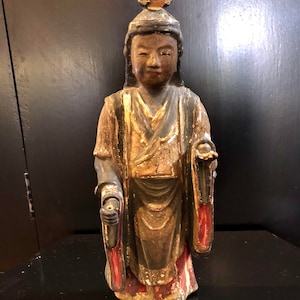 Antiguo monje japonés Santos del siglo XVIII madera tallada con superposición policromada estatua de escultura