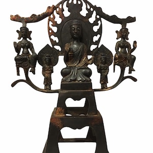 18th Century Chinese Gilt Bronze Votive Group Maitreya Buddha with Deities Antique Sculpture