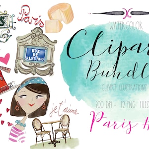Paris clipart illustration, Paris France Illustration bundle, Paris clipart elements, aquarelle png files, français lifestyle
